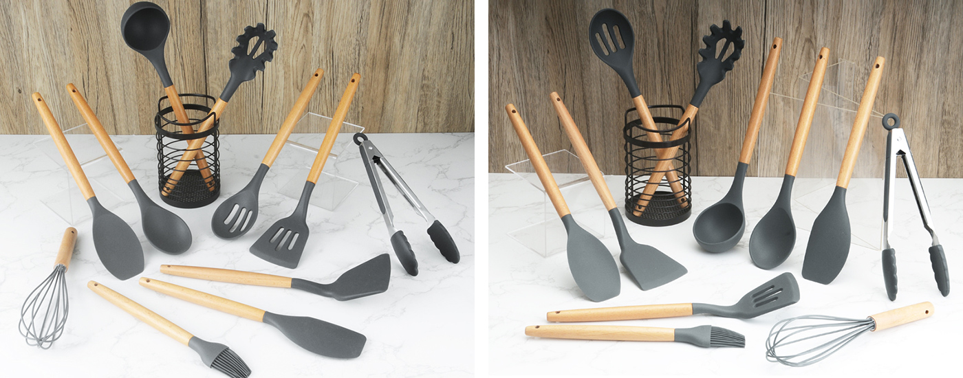 Silicon Kitchen Tools Set with Wooden Handle