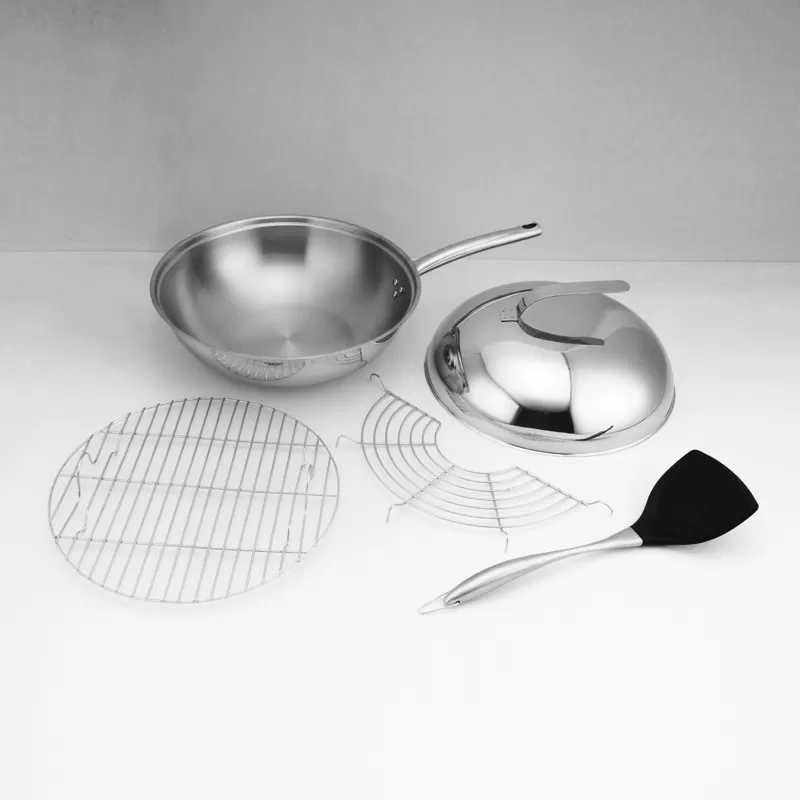 Stainless Steel Wok wth lid, steamer and frying rack